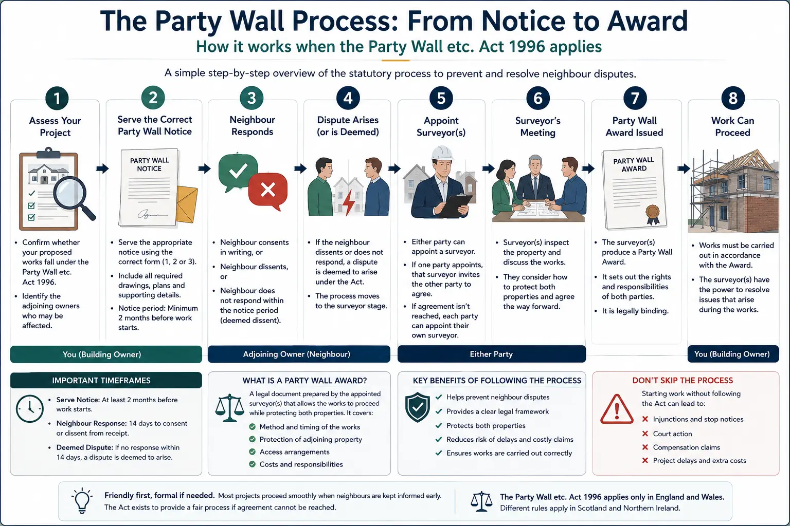 Do I Need a Party Wall Agreement? An infographic showing the party wall process from notice to award in a very interactive way for the citizens living in Surbiton, UK