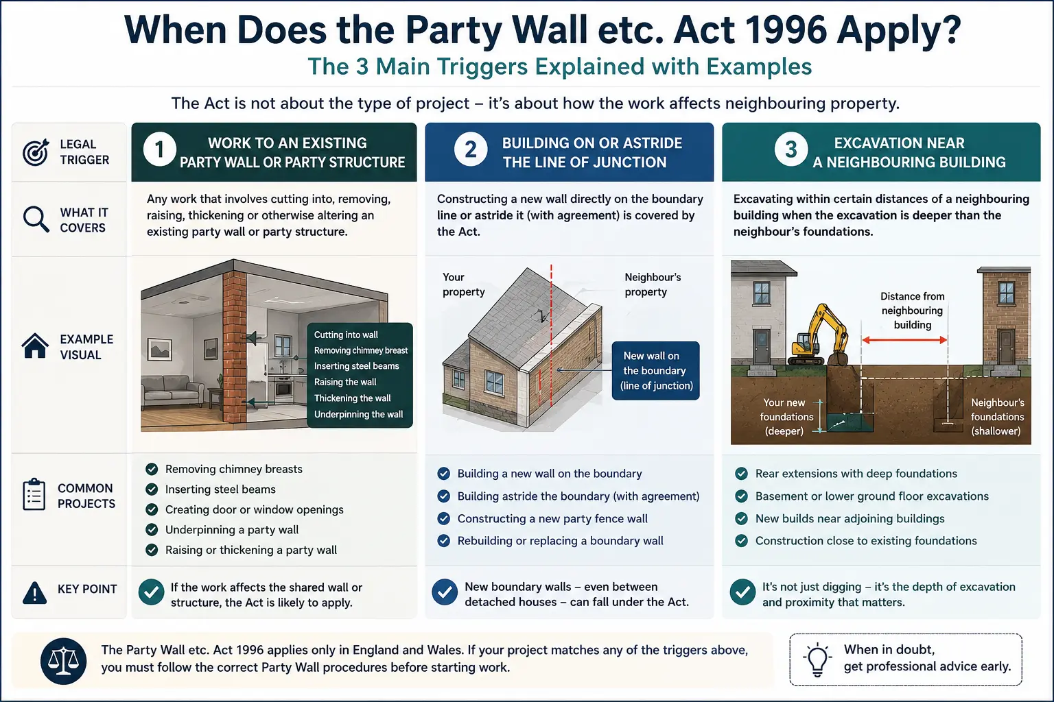 Do I Need a Party Wall Agreement? An infographic showing when does the party wall etc act 1996 apply like excavation, junction, painting, in Surbiton, UK